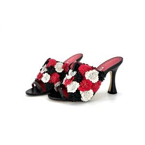 Manolo Blahnik Caninus Flower Leather Embellishments Mules Heeled Sandals 36.5
